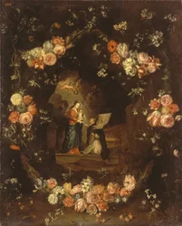 Madonna con el Niño y San Ildefonso enmarcados con una guirnalda de flores